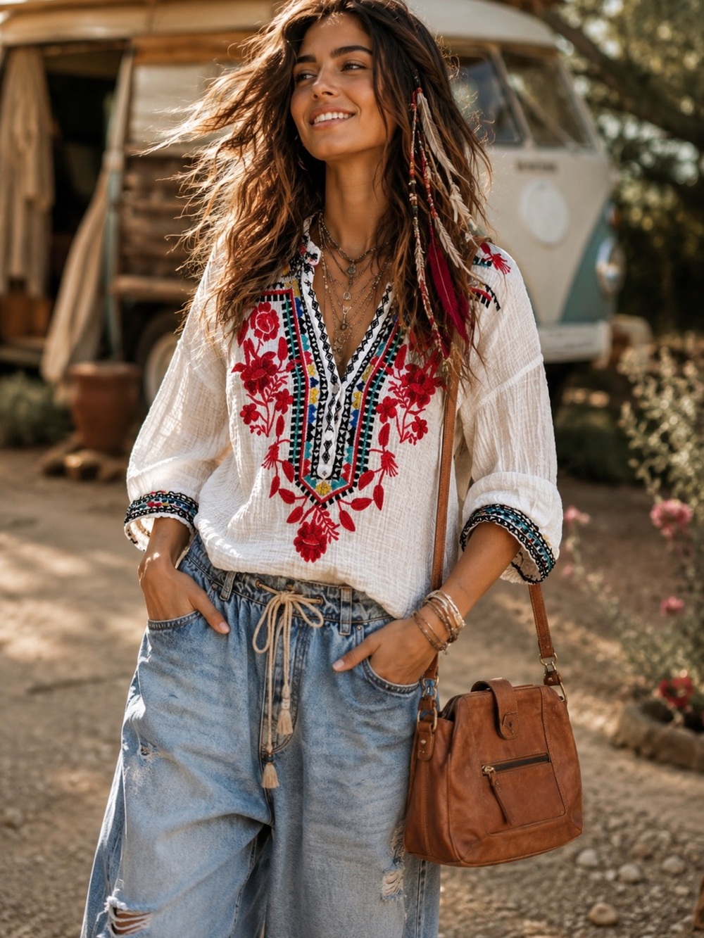 Johnny Was White Gauze Blouse with Red, Yellow and Teal Embroidery